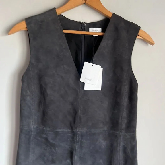 NEW Vince Suede goat leather V Neck Shift Dress - Picture 3 of 14